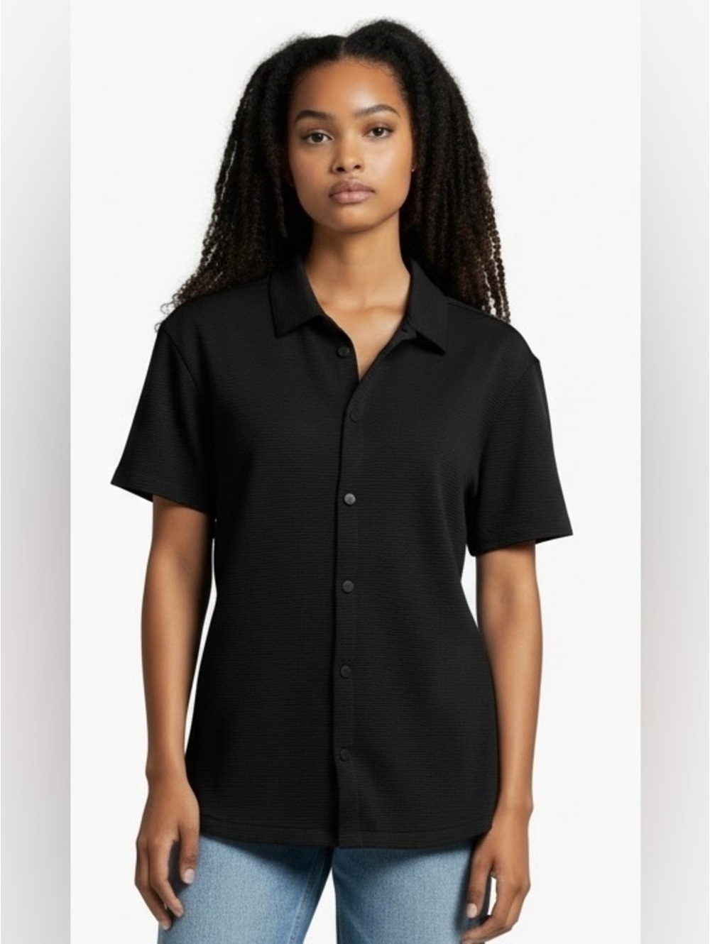 Scott James Black Ribbed Knit Button Front Polo Top Size Small Minimalist